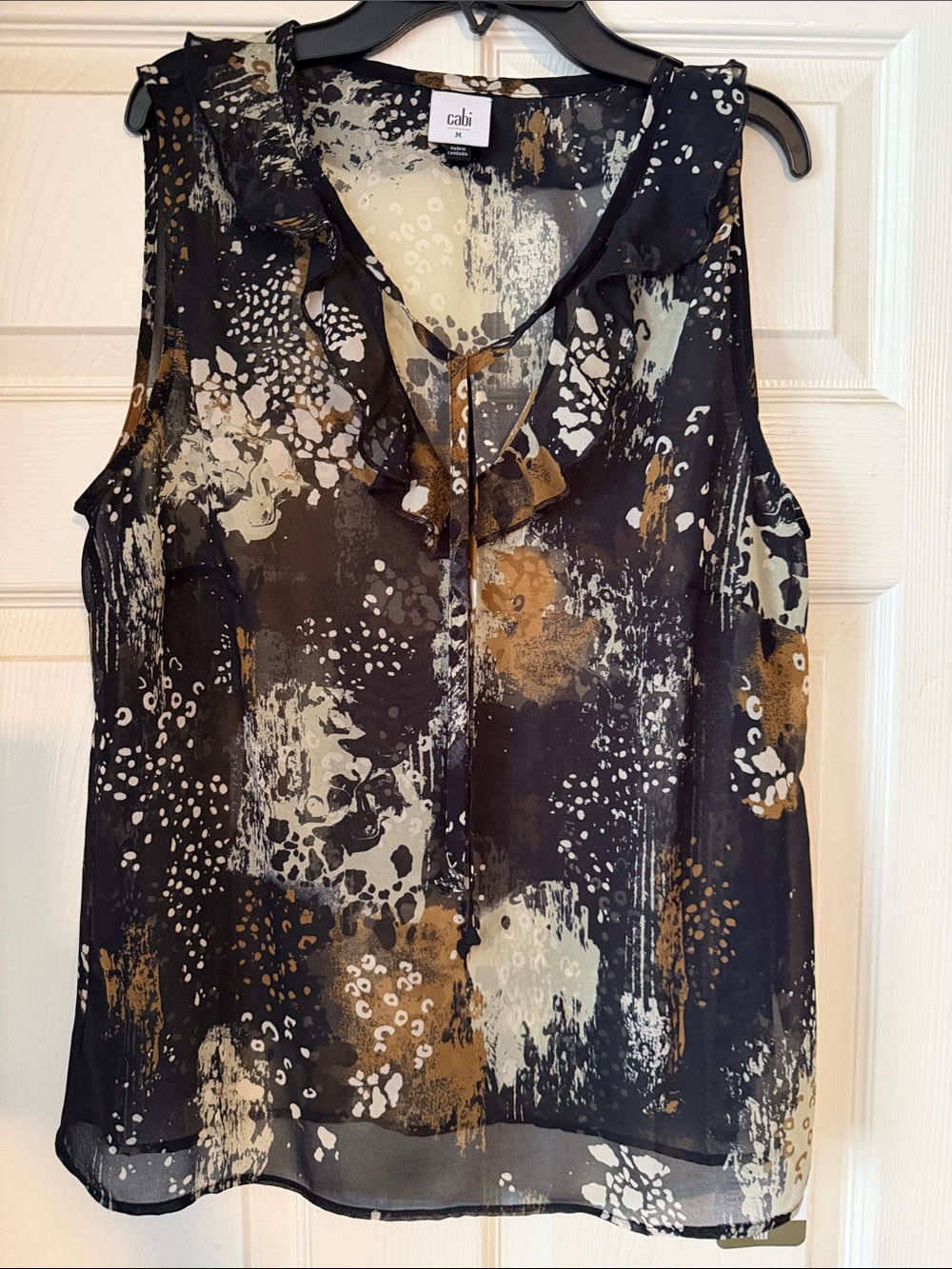 CAbi Black, Cream & Brown Ruffle V-Neck Sheer Camisole